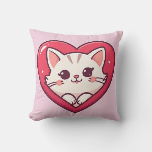 Cute White Cat with Heart Kawaii Kitty Love Design Cushion