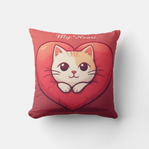 Cute White Cat with Heart Kawaii Kitty Love Design Cushion