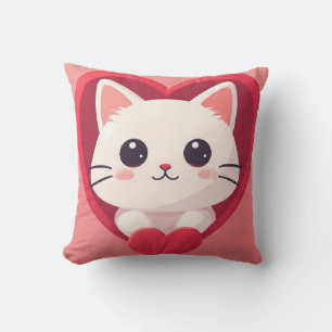 Cute White Cat with Heart Kawaii Kitty Love Design Cushion