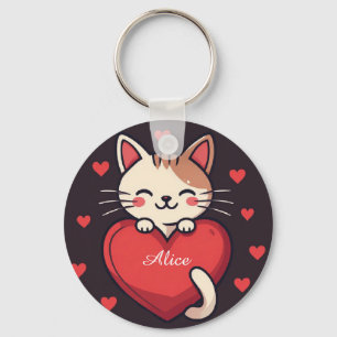 Cute White Cat with Heart Kawaii Kitty Love Design Key Ring