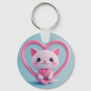 Cute White Cat with Heart Kawaii Kitty Love Design Key Ring