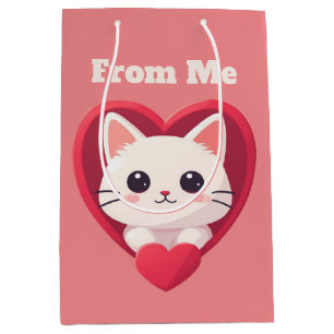 Cute White Cat with Heart Kawaii Kitty Love Design Medium Gift Bag