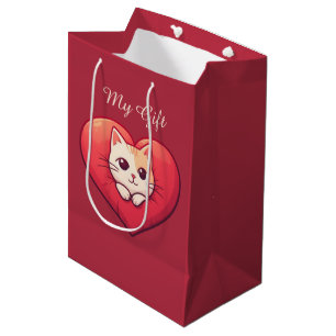 Cute White Cat with Heart Kawaii Kitty Love Design Medium Gift Bag