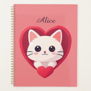 Cute White Cat with Heart Kawaii Kitty Love Design Planner
