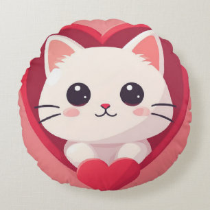 Cute White Cat with Heart Kawaii Kitty Love Design Round Cushion