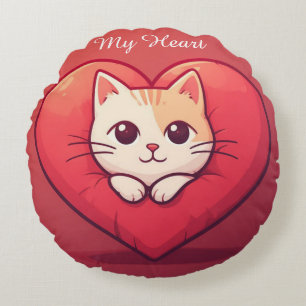 Cute White Cat with Heart Kawaii Kitty Love Design Round Cushion