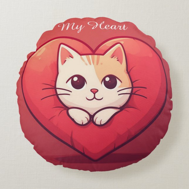 Cute White Cat with Heart Kawaii Kitty Love Design Round Cushion (Front)