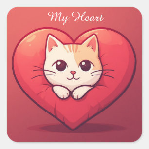 Cute White Cat with Heart Kawaii Kitty Love Design Square Sticker