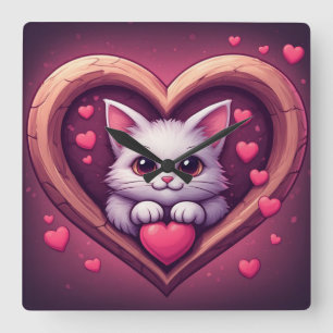 Cute White Cat with Heart Kawaii Kitty Love Design Square Wall Clock