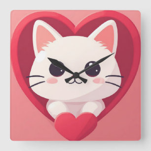 Cute White Cat with Heart Kawaii Kitty Love Design Square Wall Clock