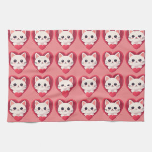 Cute White Cat with Heart Kawaii Kitty Love Design Tea Towel