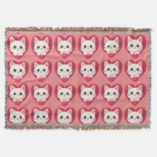 Cute White Cat with Heart Kawaii Kitty Love Design Throw Blanket