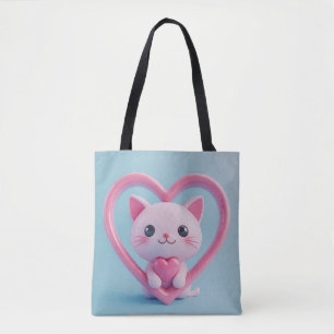 Cute White Cat with Heart Kawaii Kitty Love Design Tote Bag