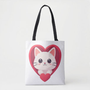 Cute White Cat with Heart Kawaii Kitty Love Design Tote Bag