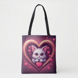Cute White Cat with Heart Kawaii Kitty Love Design Tote Bag
