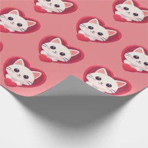 Cute White Cat with Heart Kawaii Kitty Love Design Wrapping Paper