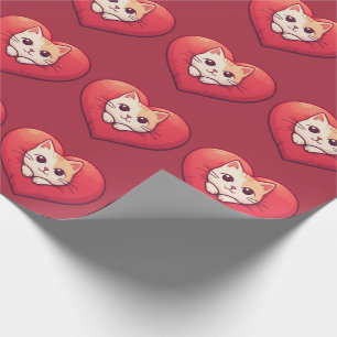 Cute White Cat with Heart Kawaii Kitty Love Design Wrapping Paper