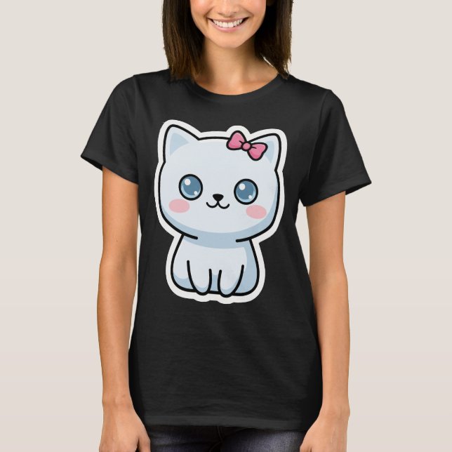 Cute White Cat with Pink Bow T-Shirt (Front)