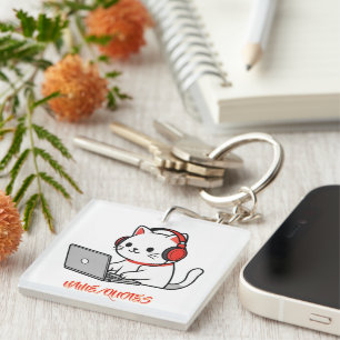 Cute White Cat with Red Headphones Laptop Key Ring