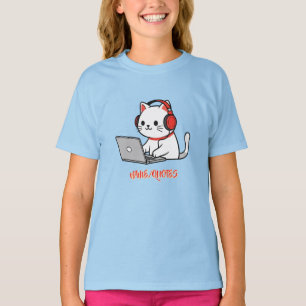 Cute White Cat with Red Headphones Laptop T-Shirt