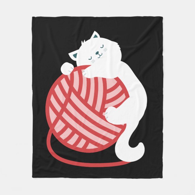 Cute white cat with yarn ball fleece blanket (Front)