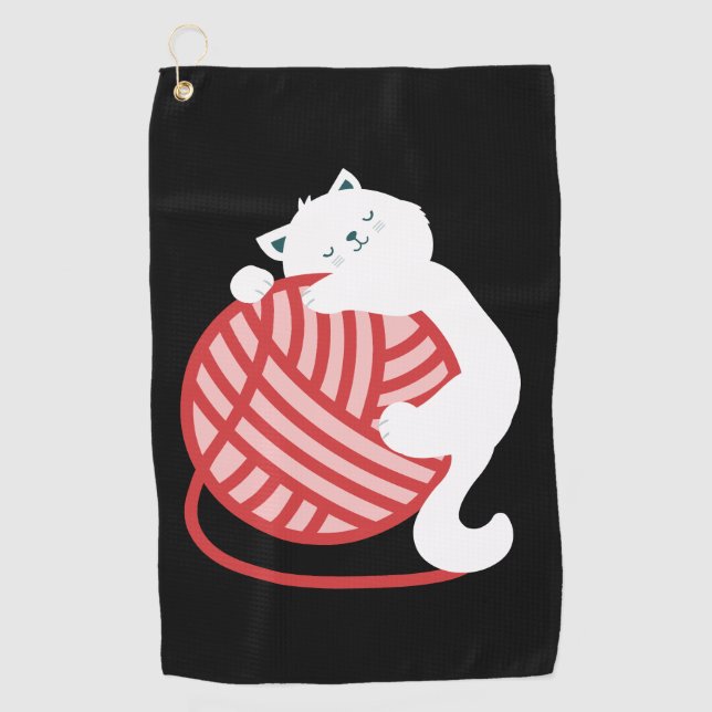 Cute white cat with yarn ball golf towel (Front)