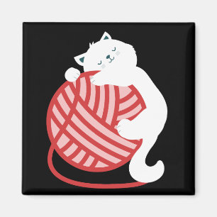 Cute white cat with yarn ball magnet