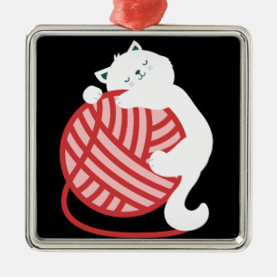 Cute white cat with yarn ball metal tree decoration