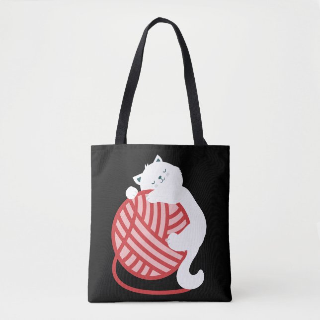 Cute white cat with yarn ball tote bag (Front)