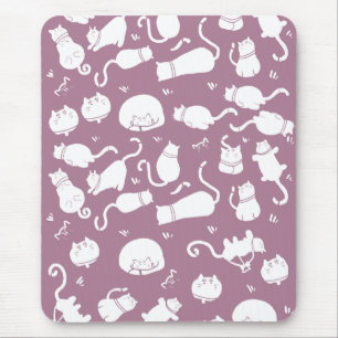 Cute White Cats Pattern on Mauve Background Mouse Mat