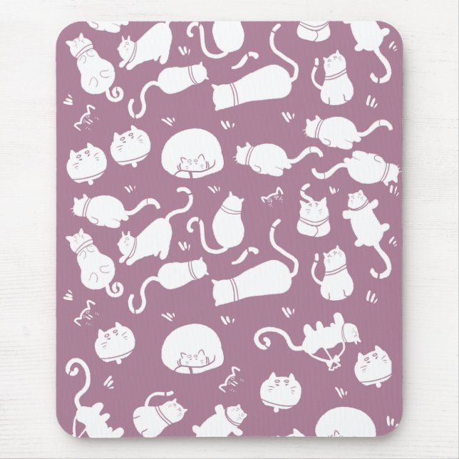 Cute White Cats Pattern on Mauve Background Mouse Mat (Front)