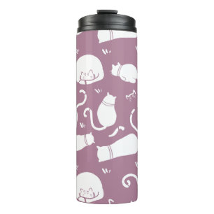Cute White Cats Pattern on Mauve Background Thermal Tumbler