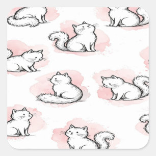 Cute White Cats Pink Watercolor Pattern Kawaii Cat Square Sticker