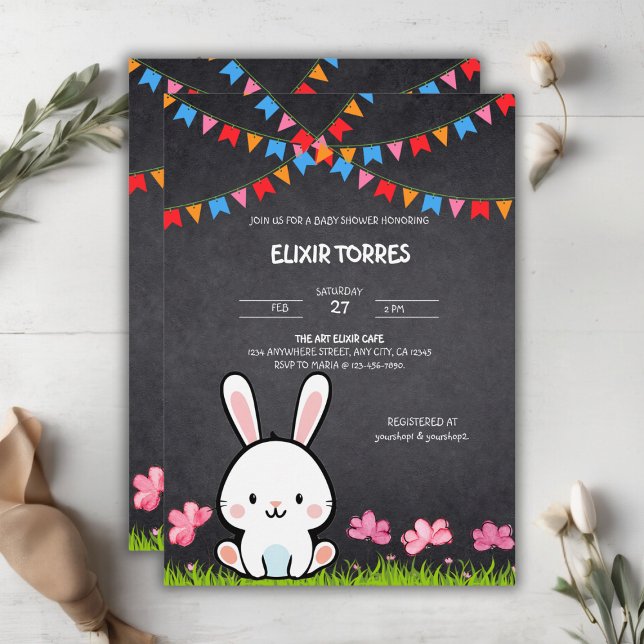 Cute White Chalkboard Bunny Baby Shower Invitation (Creator Uploaded)