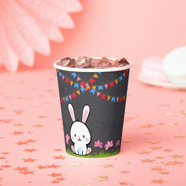 Cute White Chalkboard Bunny Baby Shower Paper Cups (Insitu)