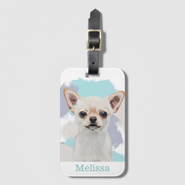 Cute White Chihuahua Abstract Blue Luggage Tag (Front Vertical)
