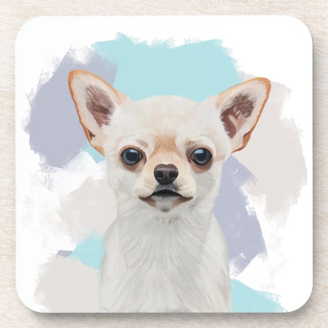 Cute White Chihuahua Dog Abstract Blue Background Coaster (Front)