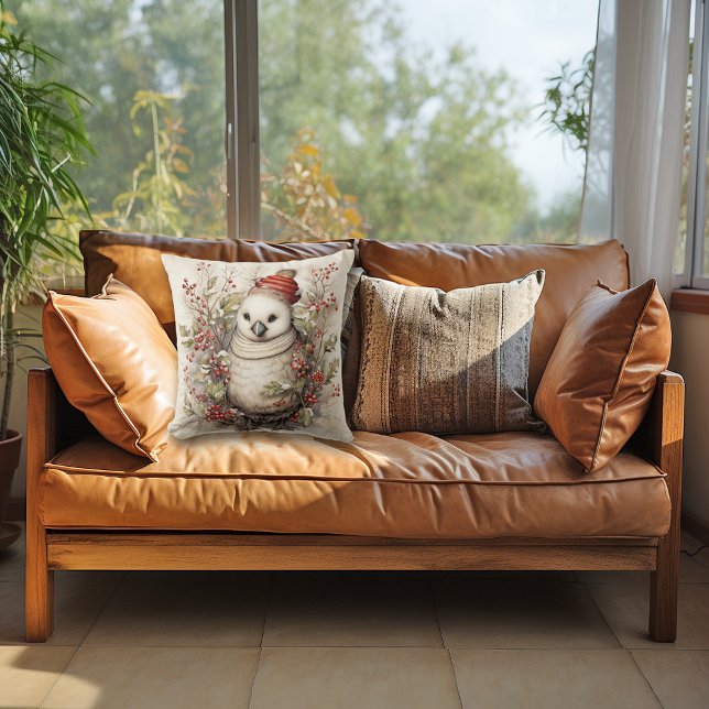 Cute White Christmas Bird Wearing Red Hat Cushion (Creator Uploaded)