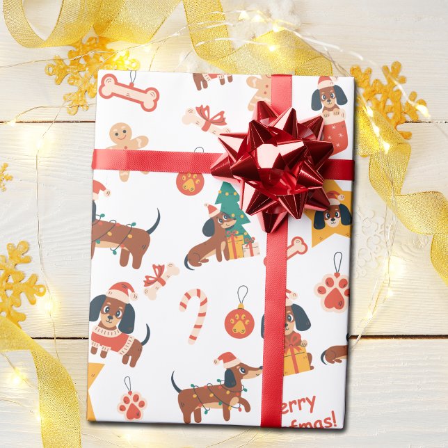 Cute White Christmas Dachshund Merry Woofmas Wrapping Paper (Cute festive Dachshund wrapping paper in white, perfect for Dachshund dog lovers and the pups too!)