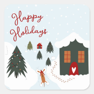 Cute White Christmas Dog Making Snow Angels Square Sticker