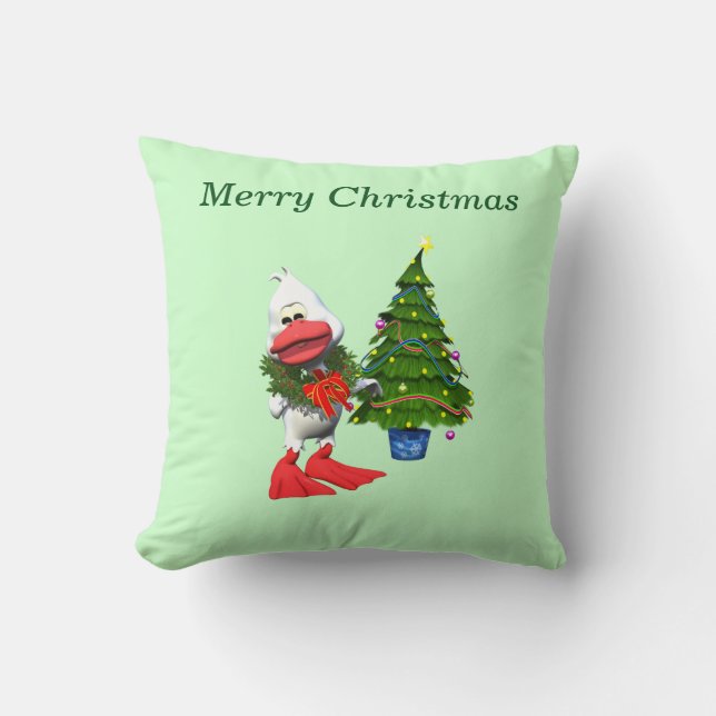 Cute White Christmas Duck Wearing a Wreath Cushion (Front)