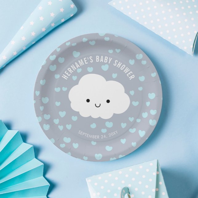 Cute White Cloud Boy Blue Hearts Grey Baby Shower Paper Plate (Creator Uploaded)