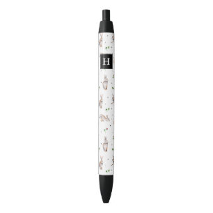 Cute white clover with bunnies rabbits Pattern Black Ink Pen
