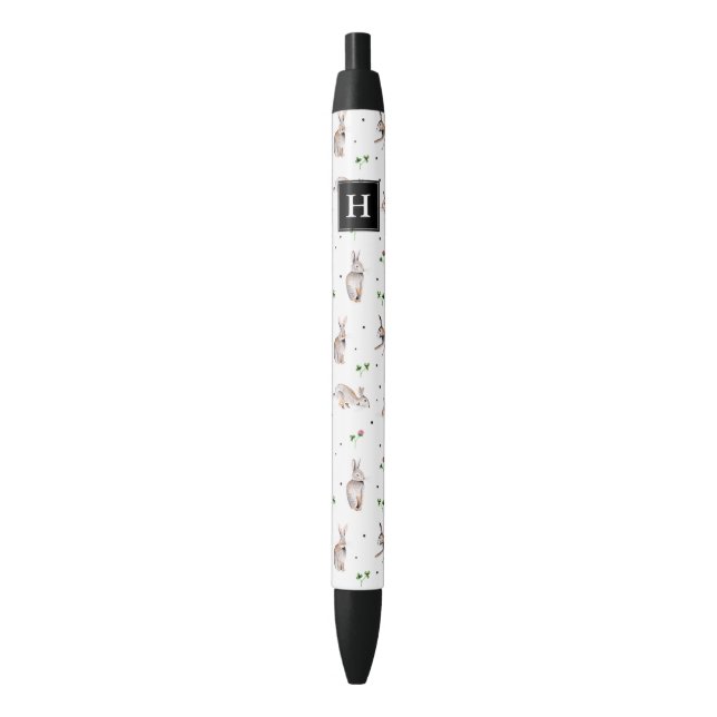 Cute white clover with bunnies rabbits Pattern Black Ink Pen (Front Vertical)