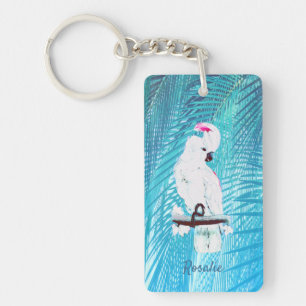 Cute White Cockatoo Tropical Greenery Palm Leaves Key Ring