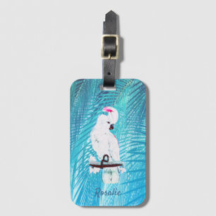 Cute White Cockatoo Tropical Greenery Palm Leaves  Luggage Tag