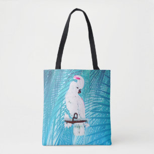 Cute White Cockatoo Tropical Greenery Palm Leaves  Tote Bag