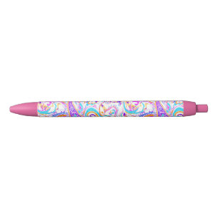 Cute white colourful paisley design black ink pen