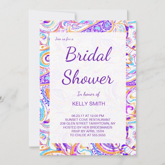 Cute white colourful paisley design bridal shower invitation (Front)