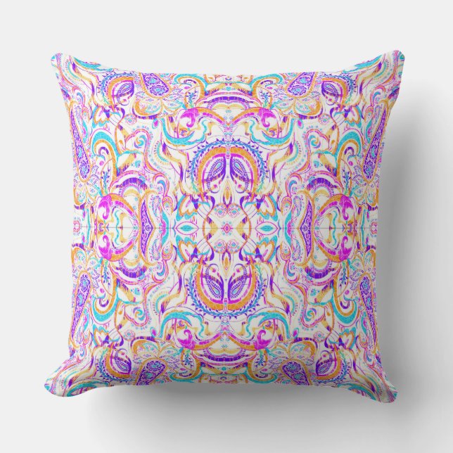 Cute white colourful paisley design cushion (Front)
